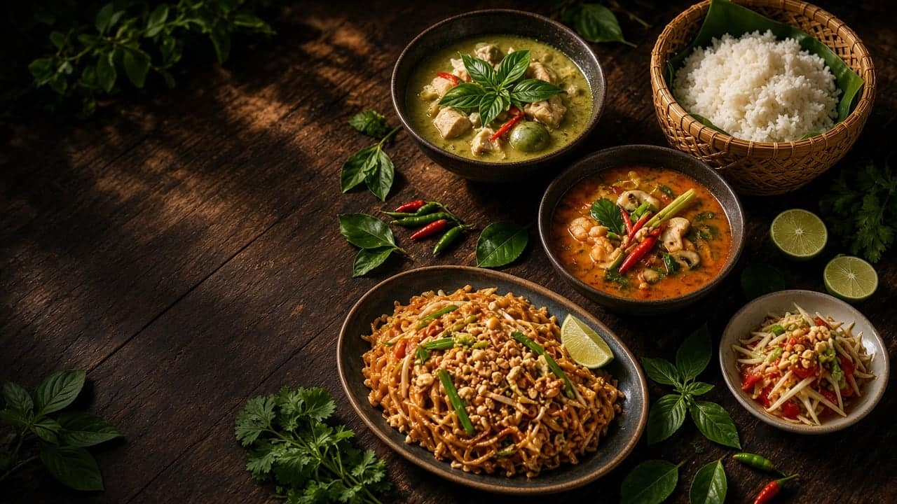 A table of Thai dishes: green curry, tom yum, pad Thai, som tum and jasmine rice