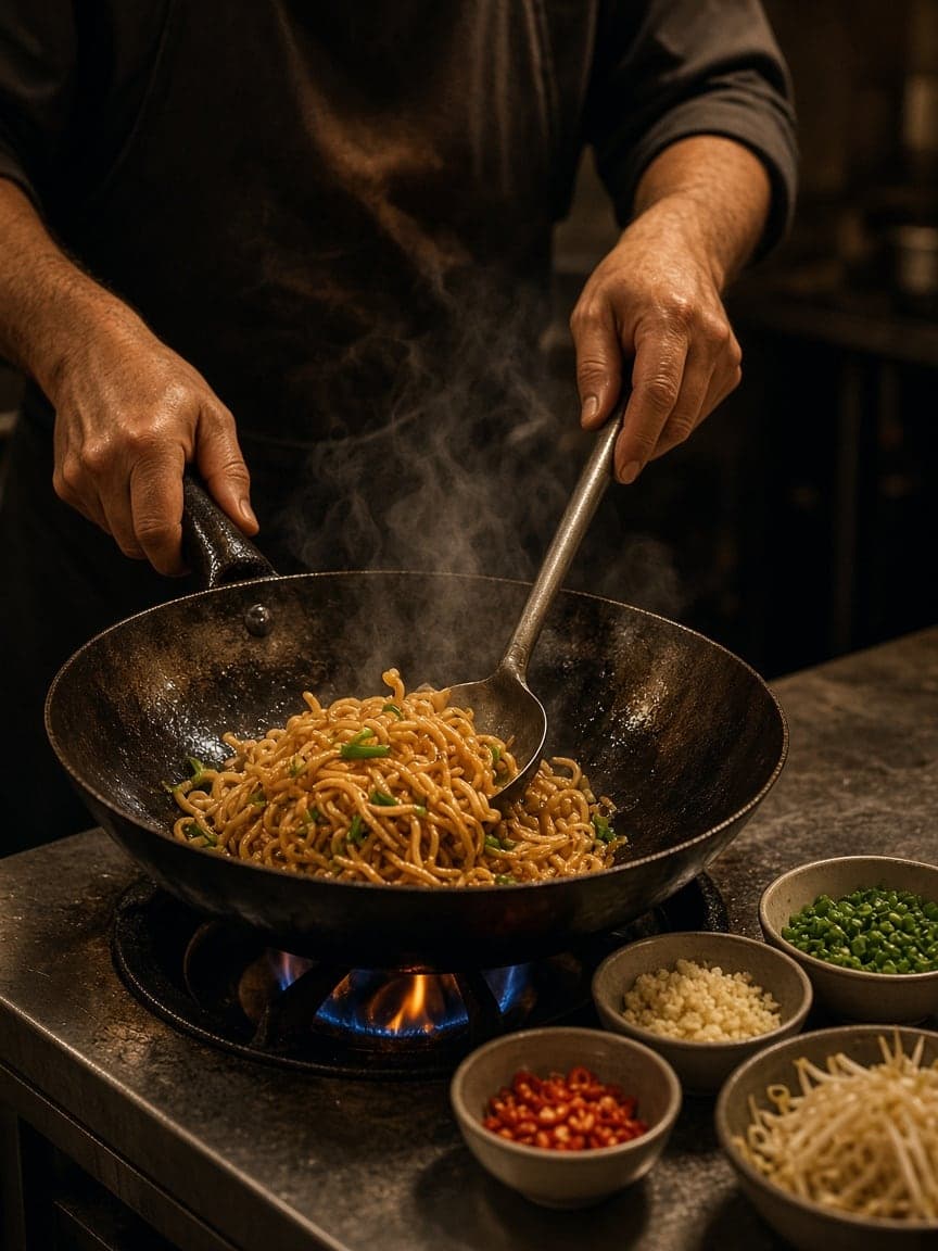 Noodles being tossed in a wok over a gas flame, with small bowls of chilli, garlic and spring onion